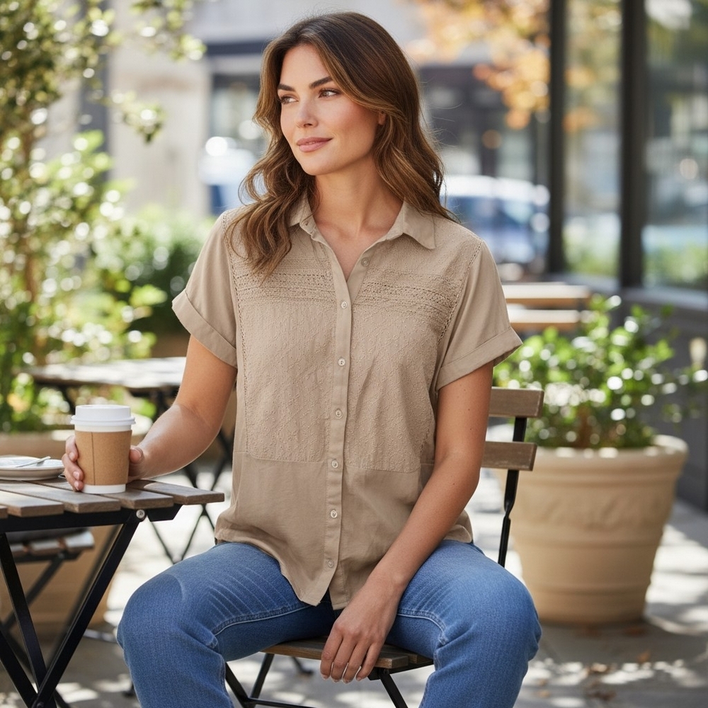Lucky Brand Beige Eyelet Button-Down Shirt L
